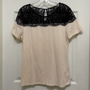 H&M Light Pink T Shirt Black Lace Yoke Keyhole Neck Stretch‎ Women's Large
